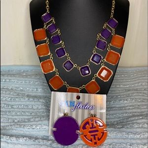 FAN FLIRTIES ORANGE & PURPLE NECKLACE AND EARRING